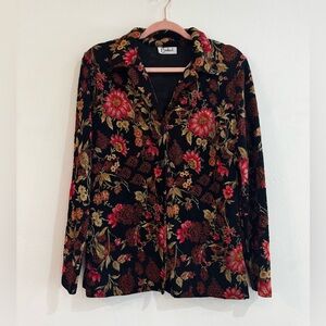Floral Black and Red Button-Up Blouse. Vintage Carducci. 💐🌸